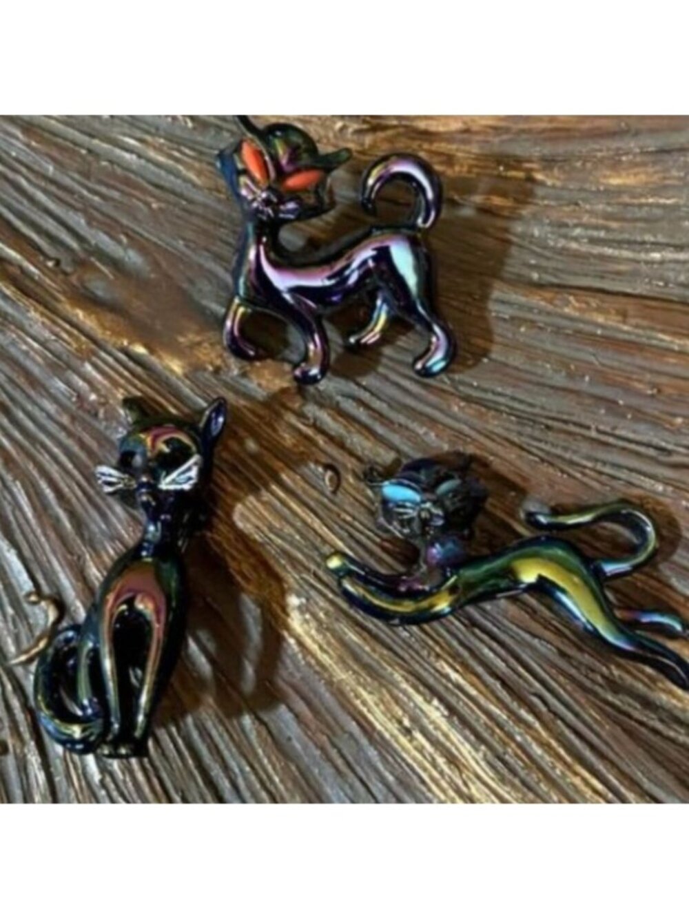 Set of 3 Opalescent Cat Brooches Kitty Figural Animal Pins Vintage - Picture 8 of 8